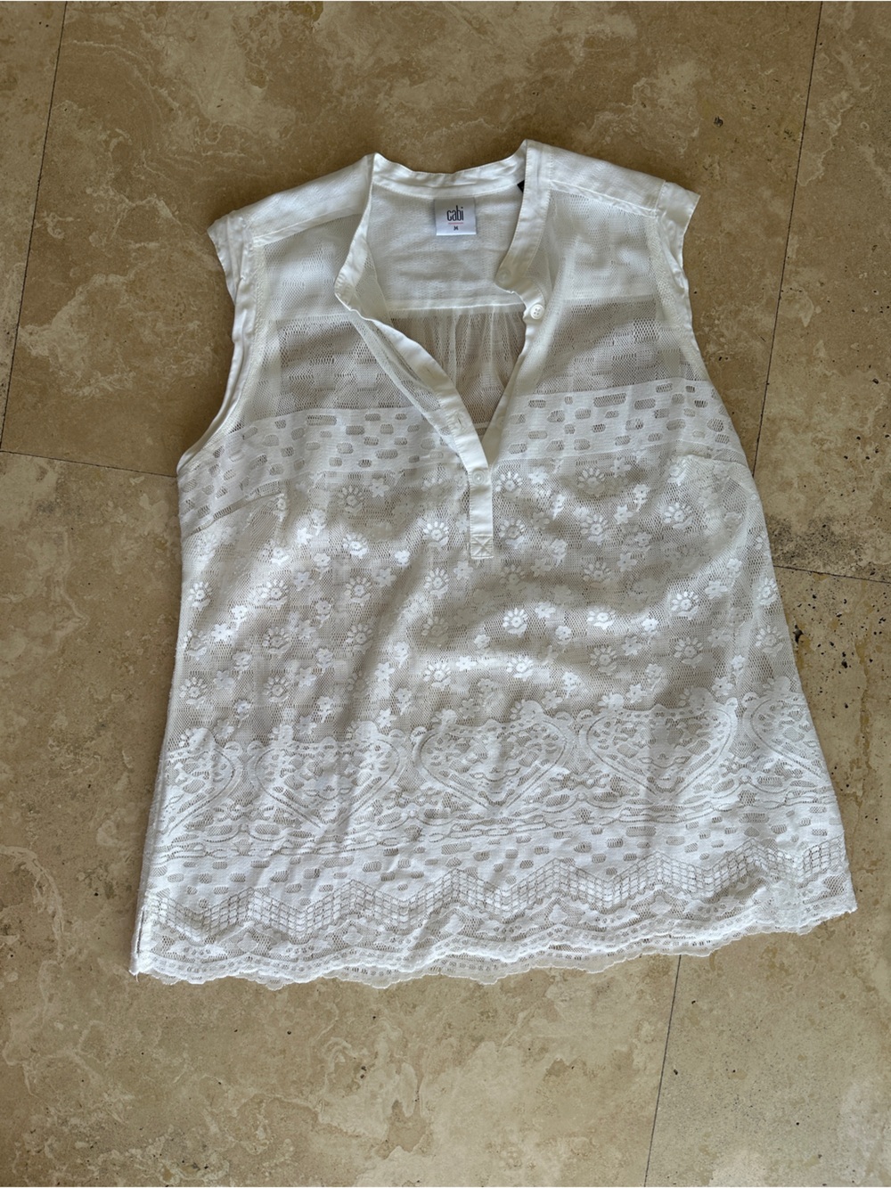 CAbi White Sleeveless Lace-Embroidered Split-Neck Top